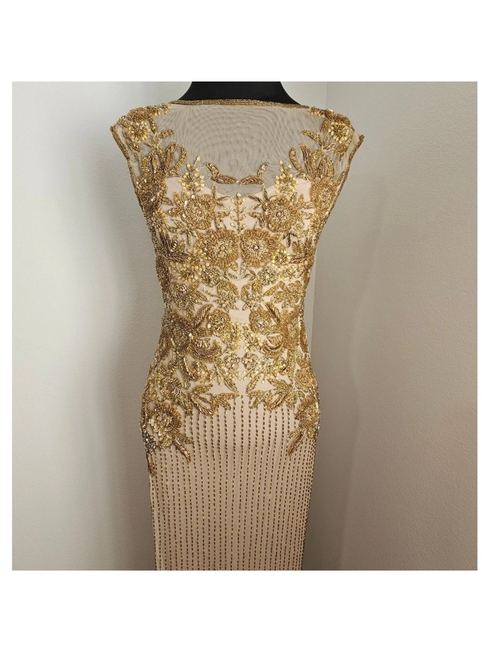 Sleeveless Nude Evening Gown with Gold Embellishment Parker black label